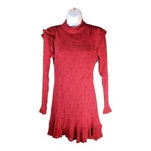 Cleobella Mini Dress Smocked Neck Long Sleeve Back Tie Red Floral Women's Small